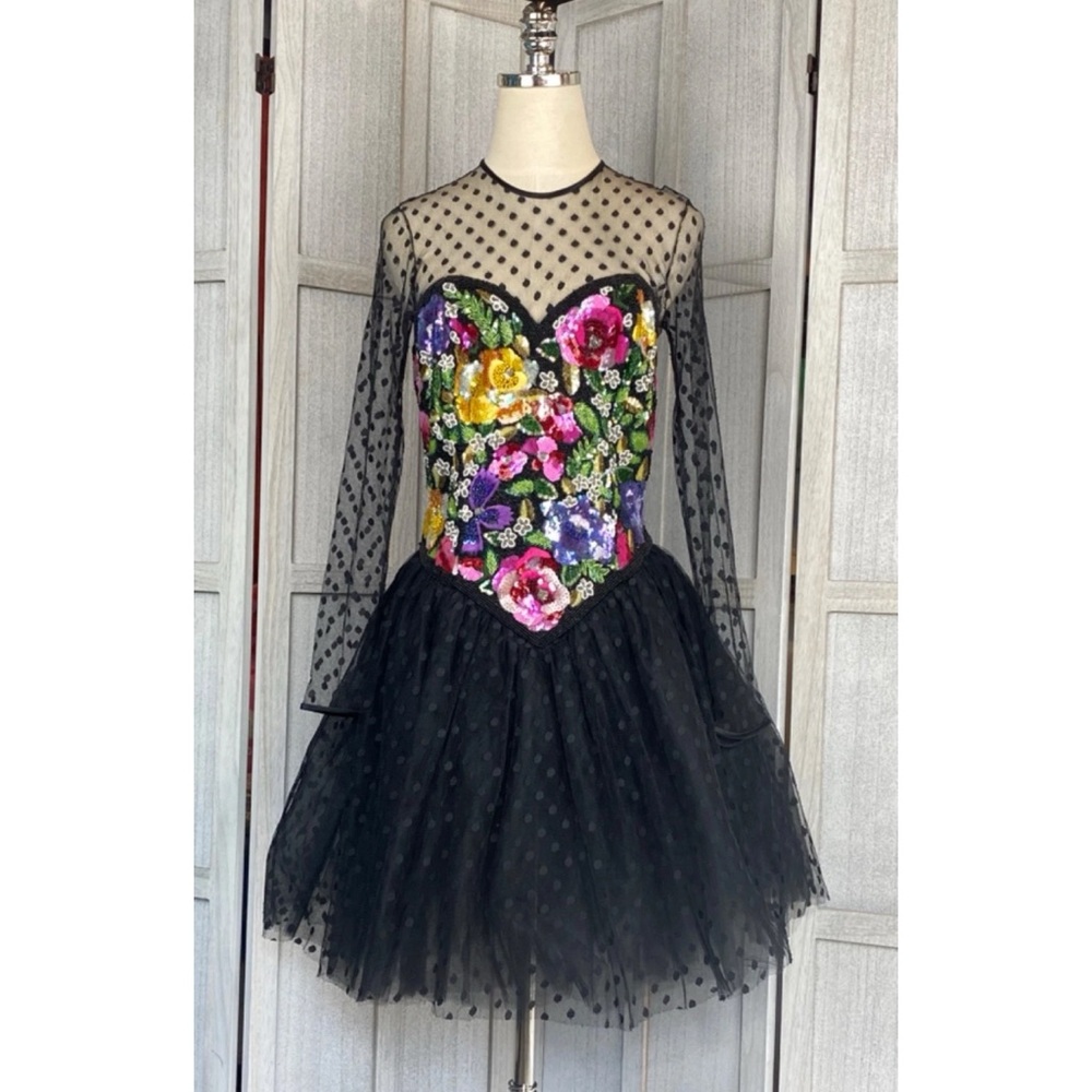 Vintage Naeem Khan Riazee 80s Black Floral Sequin Tulle Party Dress Size 10